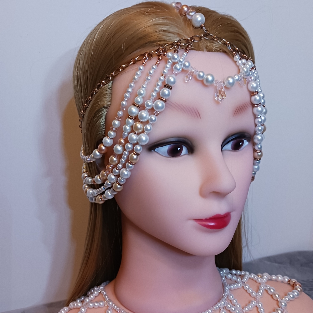Beaded Pearl, Crystal and Copper Chain Headpiece New, Custom made.